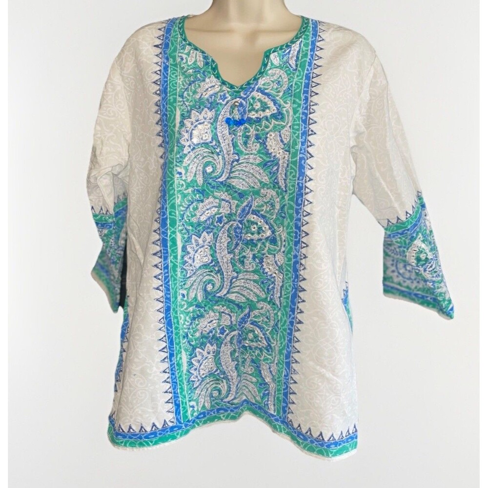 Embroidered Paisley White Blue Cotton Tunic Top Kurti Size XL